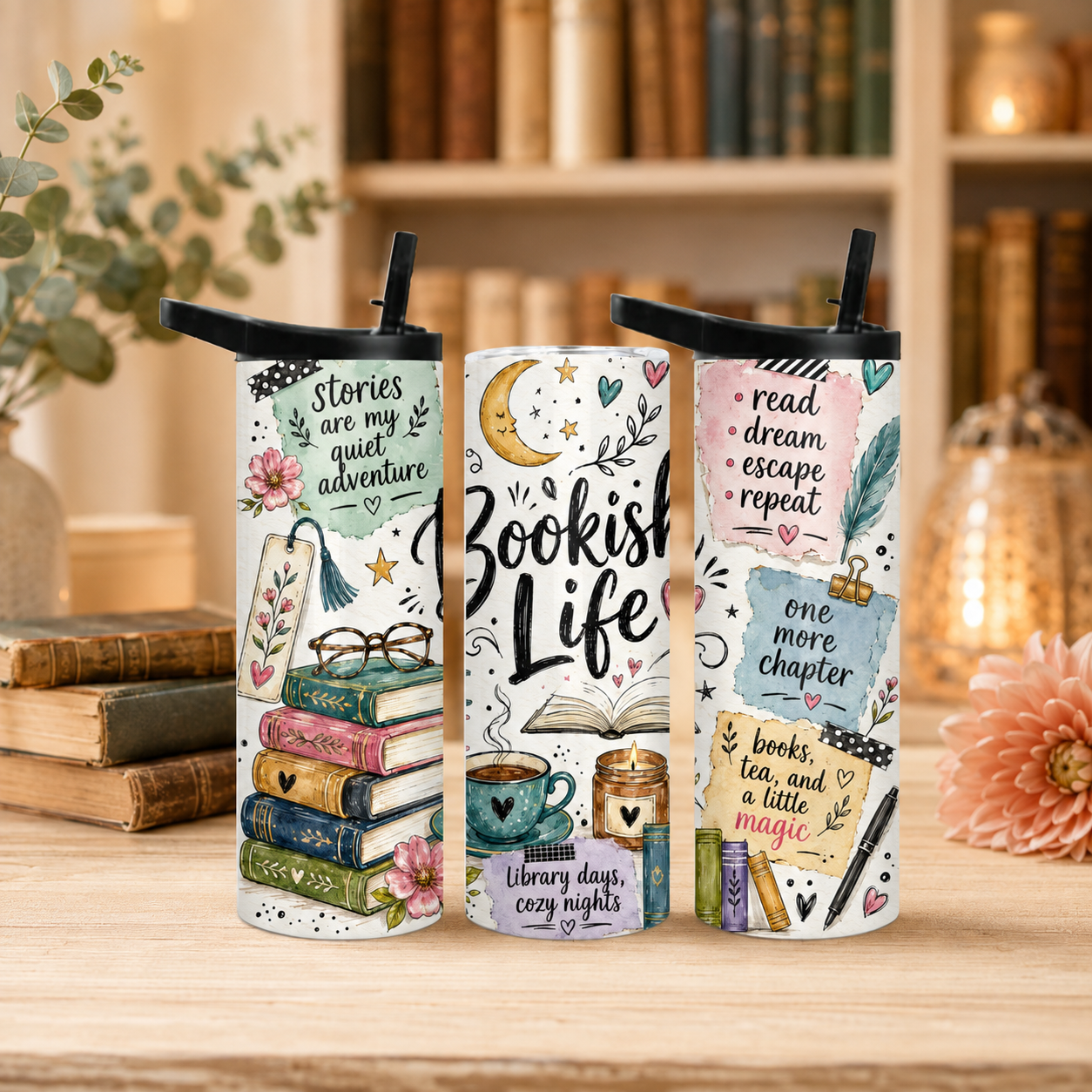 Bookish Life 20 oz Duo Lid Tumbler: Floral Reading Quotes and Book Stack Design
