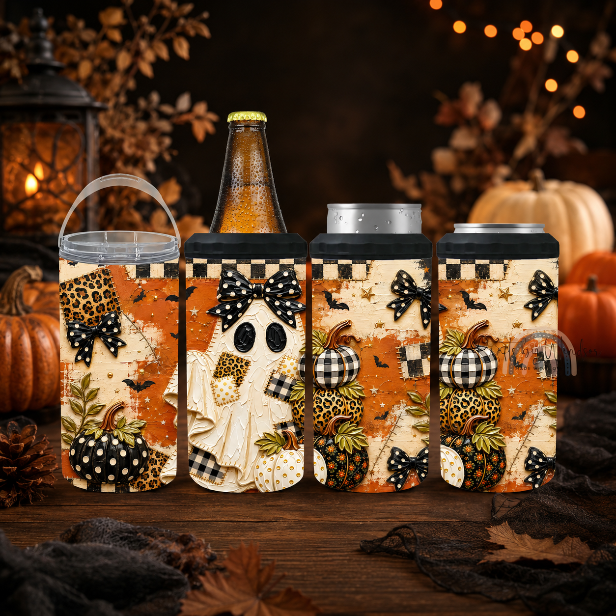 Halloween Ghost 4-in-1 Can Cooler | Leopard Pumpkin