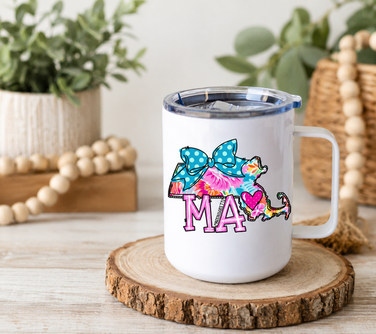 Massachusetts 12oz Camper Mug – Colorful MA State Coffee Cup, Massachusetts Gift for Her