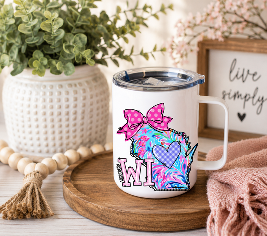 Wisconsin 12oz Camper Mug – Colorful WI State Coffee Cup, Wisconsin Gift for Her