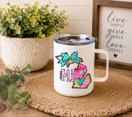 Michigan 12oz Camper Mug, Colorful MI State Coffee Mug, Michigan Gift for Her, Home State Travel Mug
