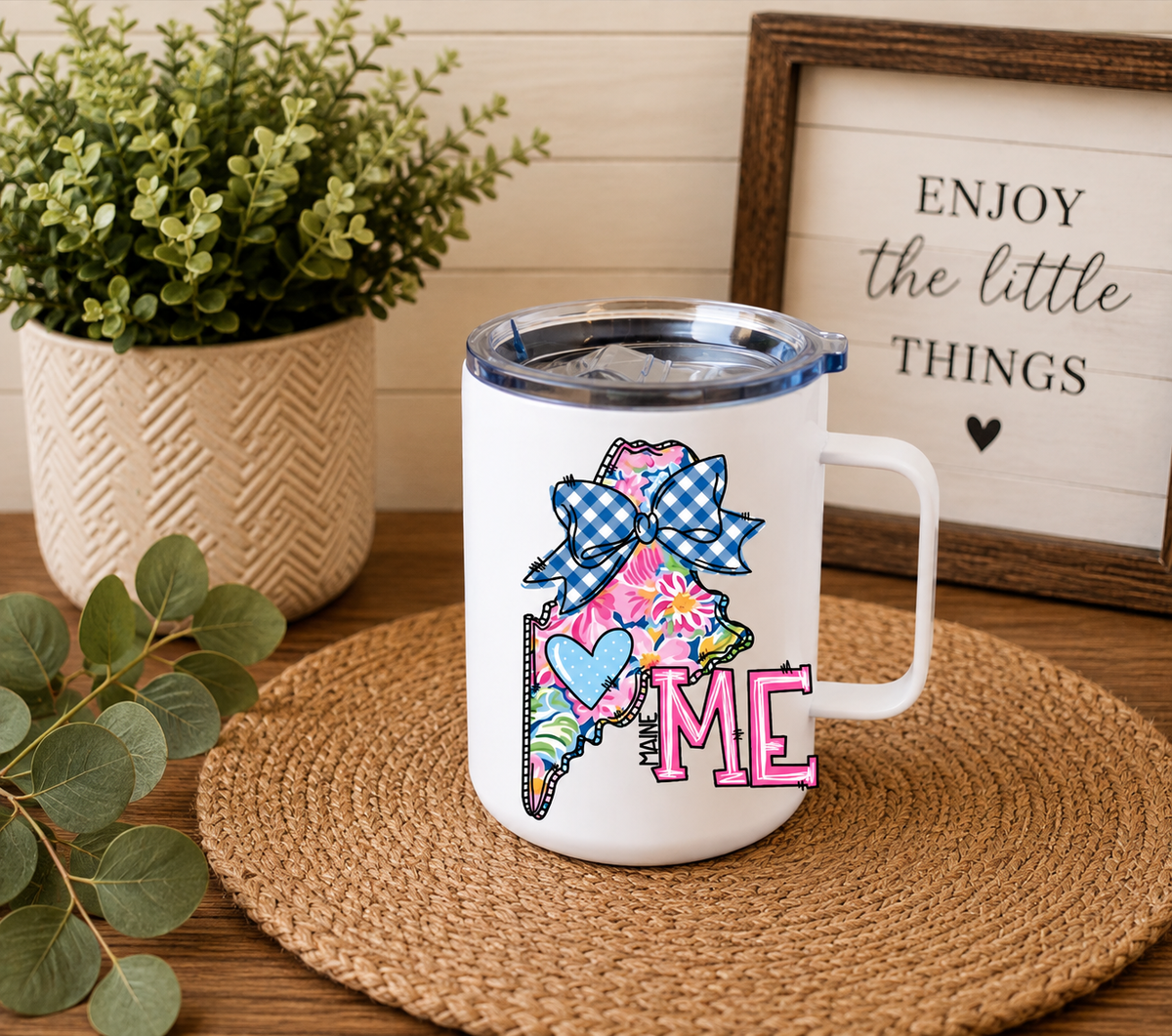 Maine 12oz Camper Mug, Colorful ME State Coffee Mug, Maine Gift for Her, Home State Travel Mug