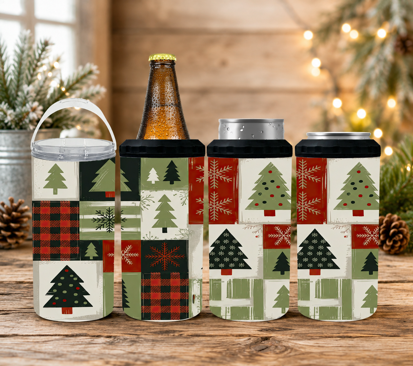 Christmas Tree 4-in-1 Can Cooler, Buffalo Plaid Holiday Drink Holder, Rustic Christmas Tumbler