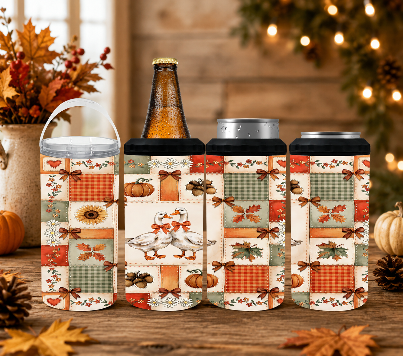 Fall Duck 4-in-1 Can Cooler, Autumn Patchwork Drink Holder, Pumpkin & Goose Tumbler