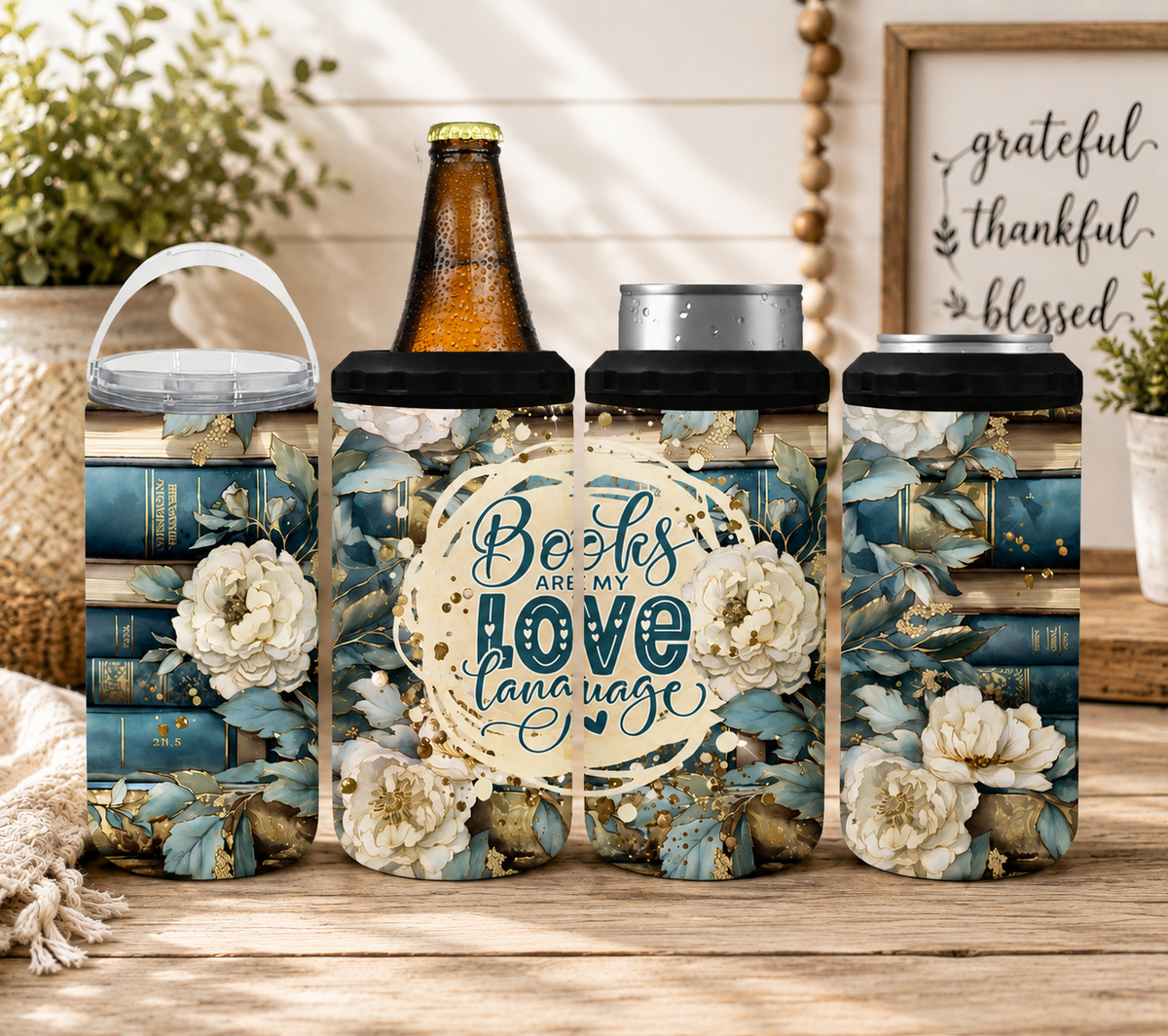 Books Are My Love Language 4-in-1 Can Cooler, Book Lover Drink Holder, Floral Reader Gift