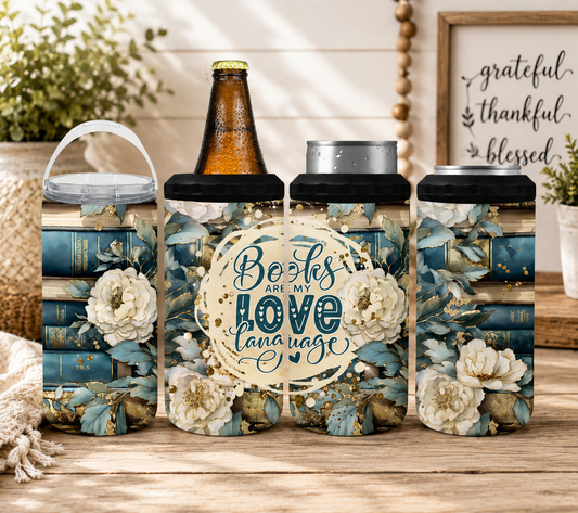 Books Are My Love Language 4-in-1 Can Cooler, Book Lover Drink Holder, Floral Reader Gift