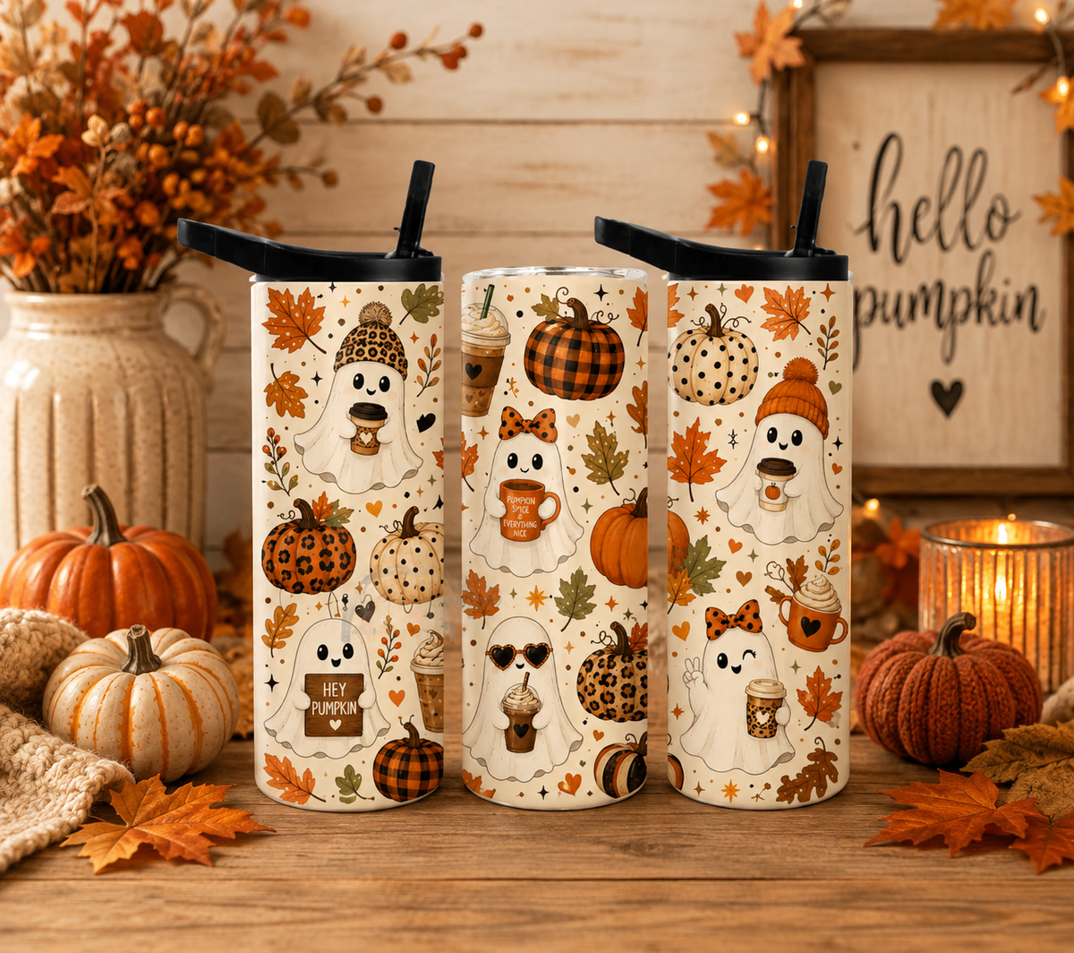 Pumpkin Ghost 20 oz Duo Lid Tumbler | Cute Fall & Halloween Tumbler