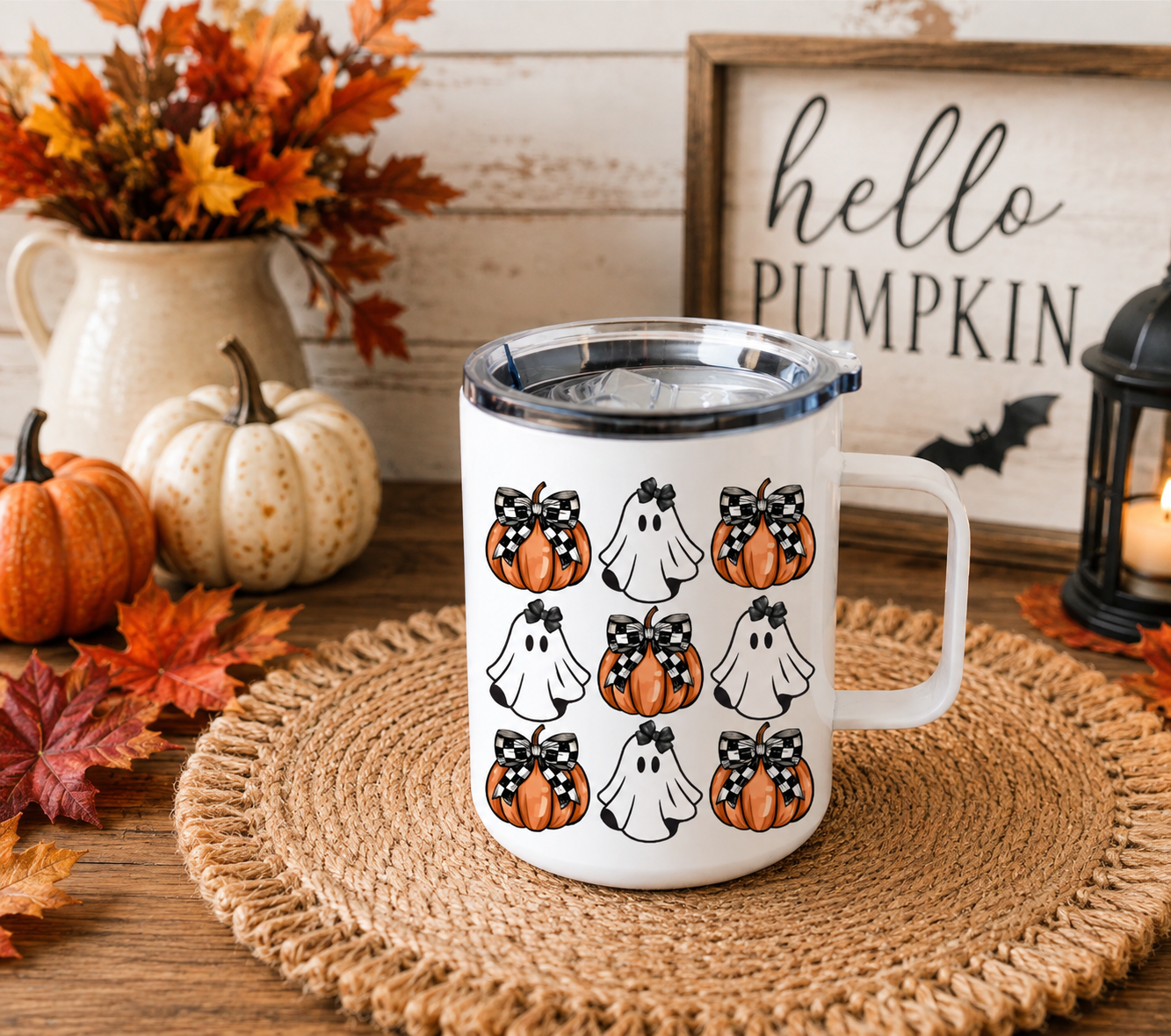 Cute Ghost & Pumpkin Halloween Camper Mug, 12oz Spooky Fall Coffee Mug, Coquette Halloween Gift
