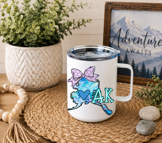 Alaska 12oz Camper Mug, Colorful AK State Coffee Mug, Alaska Gift for Her, Home State Travel Mug