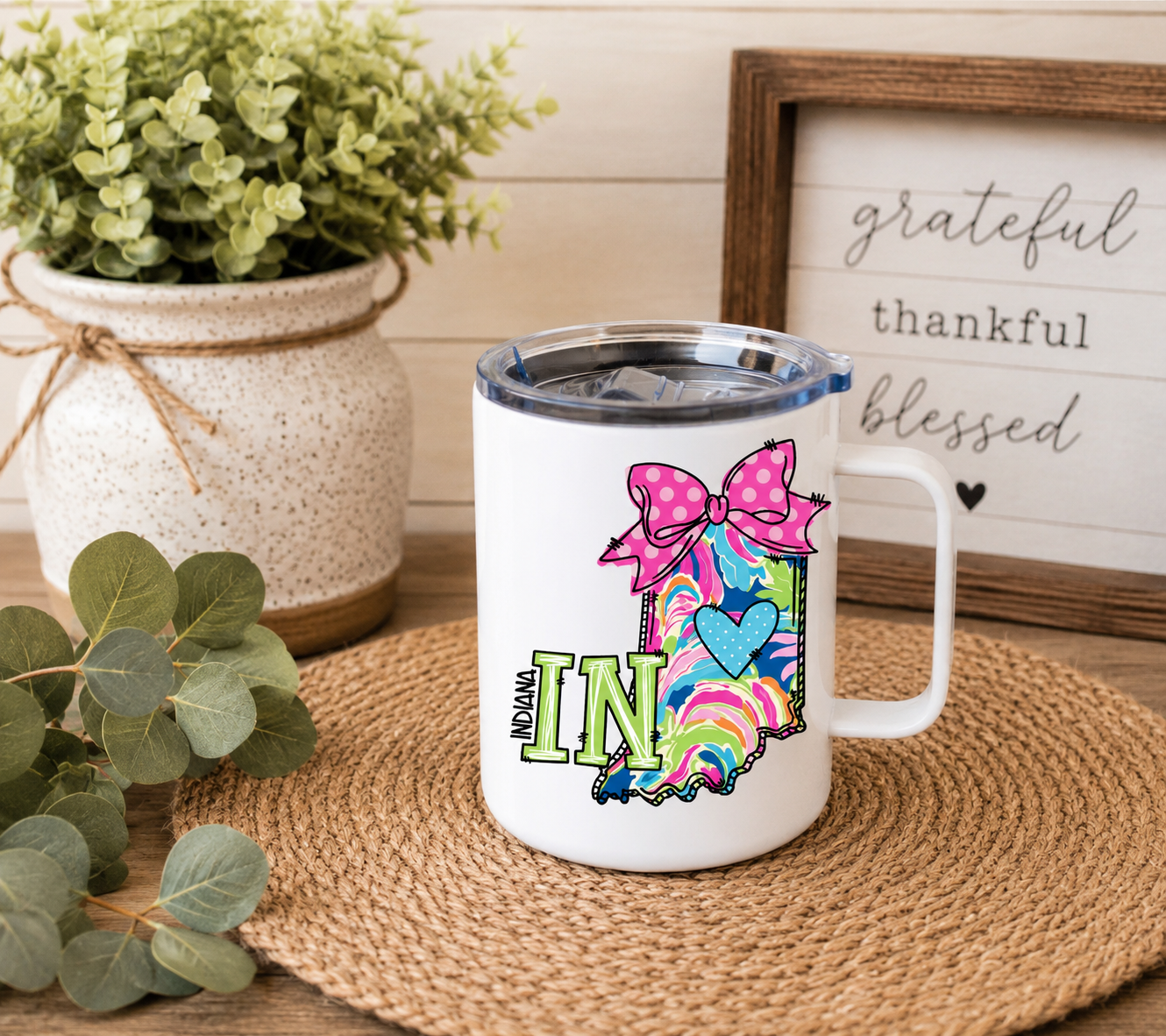 Indiana 12oz Camper Mug, Colorful IN State Coffee Mug, Indiana Gift for Her, Home State Mug