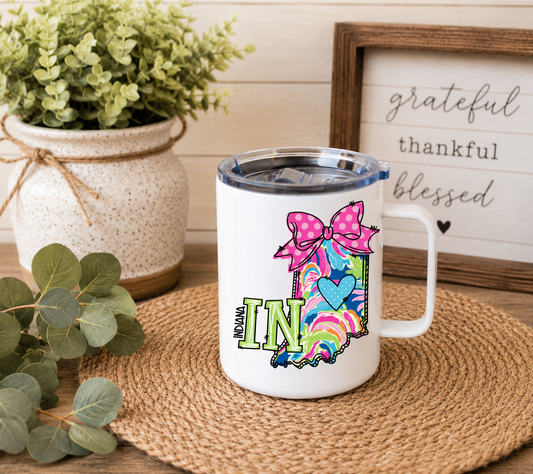 Indiana 12oz Camper Mug, Colorful IN State Coffee Mug, Indiana Gift for Her, Home State Mug
