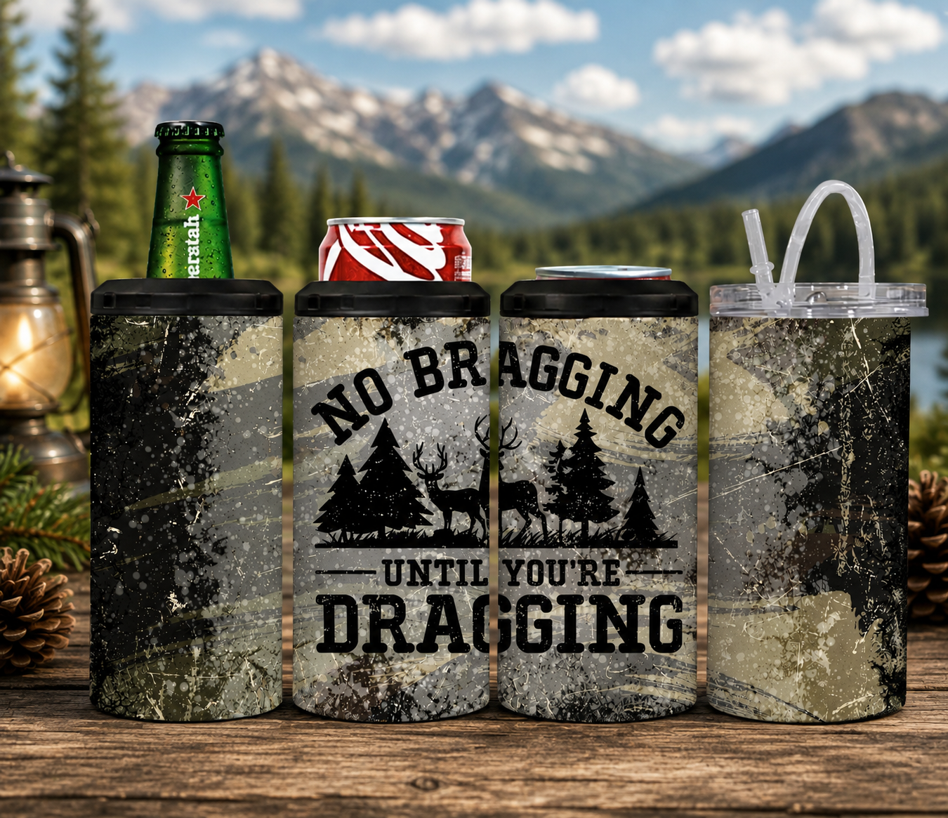 Funny Hunting 4-in-1 Can Cooler, No Bragging Until You’re Dragging,  Deer Hunter Gift, Camo Drink Cooler