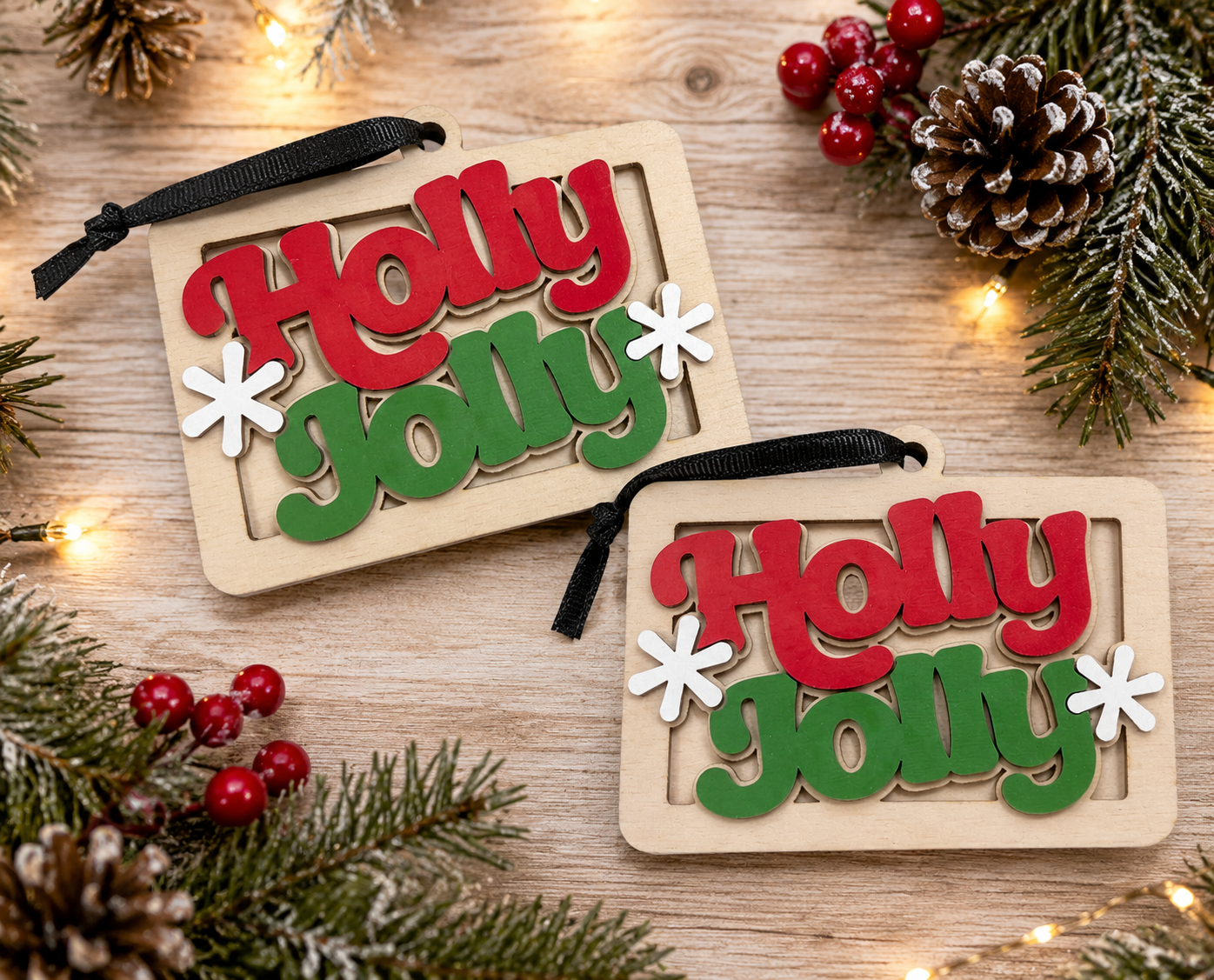 Holly Jolly Wooden Christmas Ornament, Layered Wood Holiday Ornament, Red & Green Christmas Tree Decoration