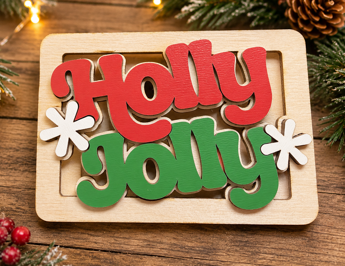 Holly Jolly Wooden Christmas Ornament, Layered Wood Holiday Ornament, Red & Green Christmas Tree Decoration