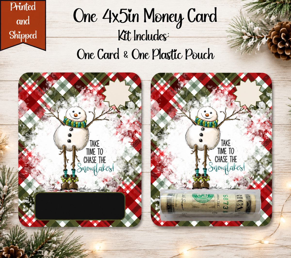 Christmas Snowman Money Card Holder, 4x5 Cash Gift Card with Plastic Pouch, Holiday Stocking Stuffer
