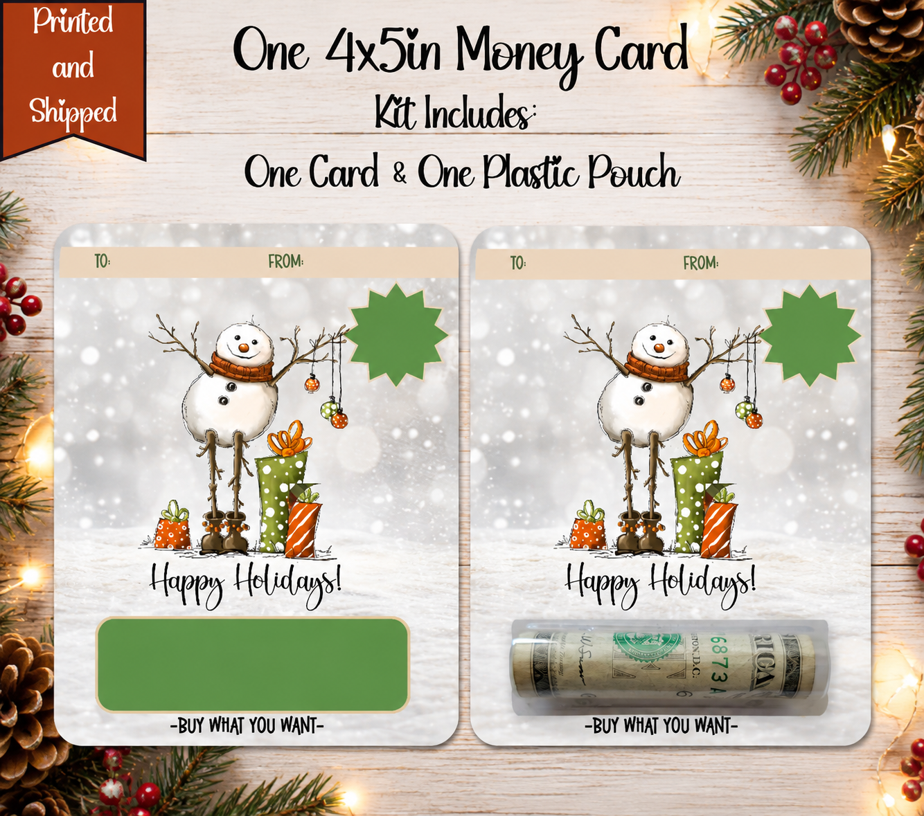 Christmas Snowman Money Card Holder, 4x5 Cash Gift Card with Plastic Pouch, Holiday Stocking Stuffer