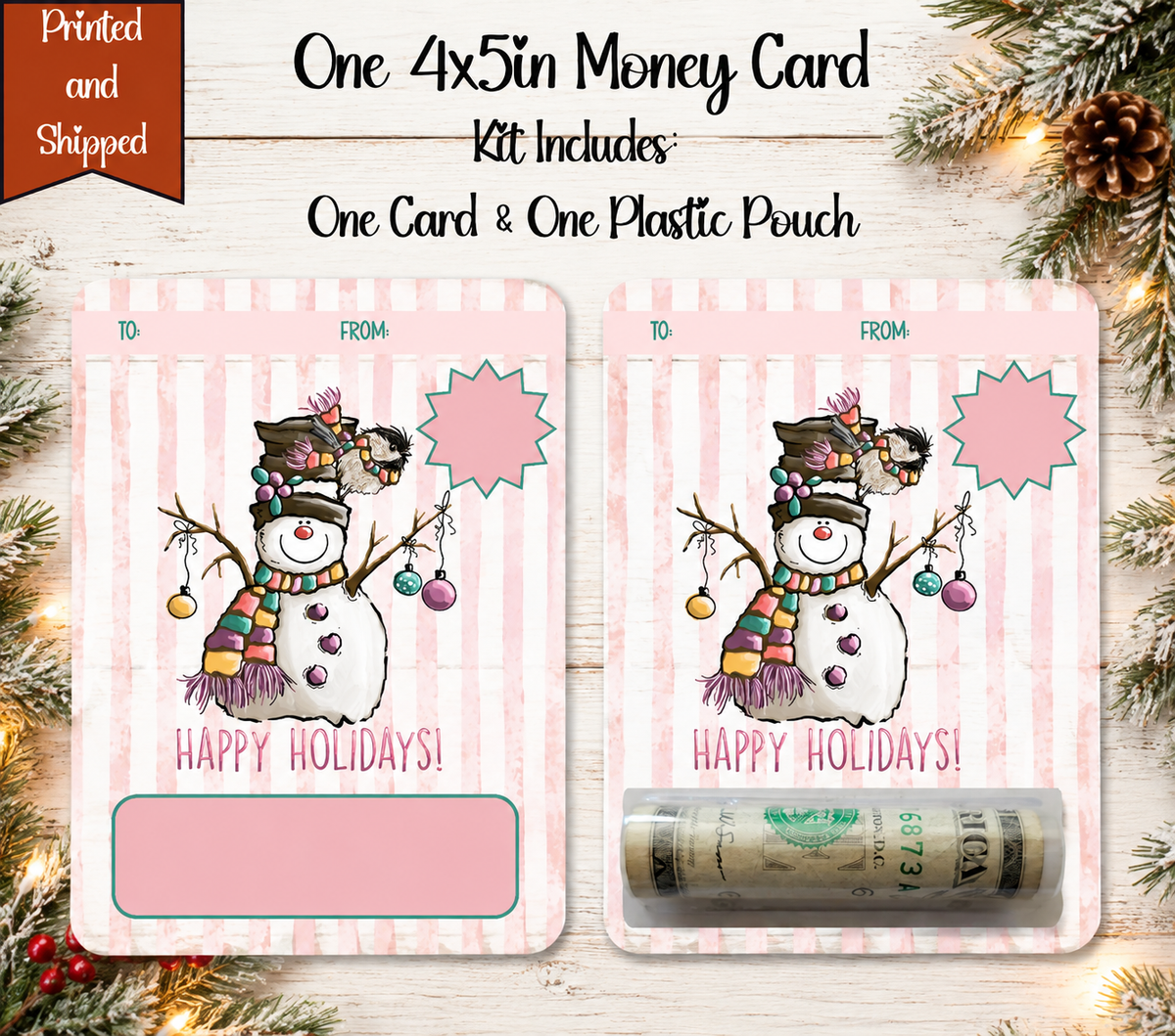 Christmas Snowman Money Card Holder, 4x5 Cash Gift Card with Plastic Pouch, Holiday Stocking Stuffer