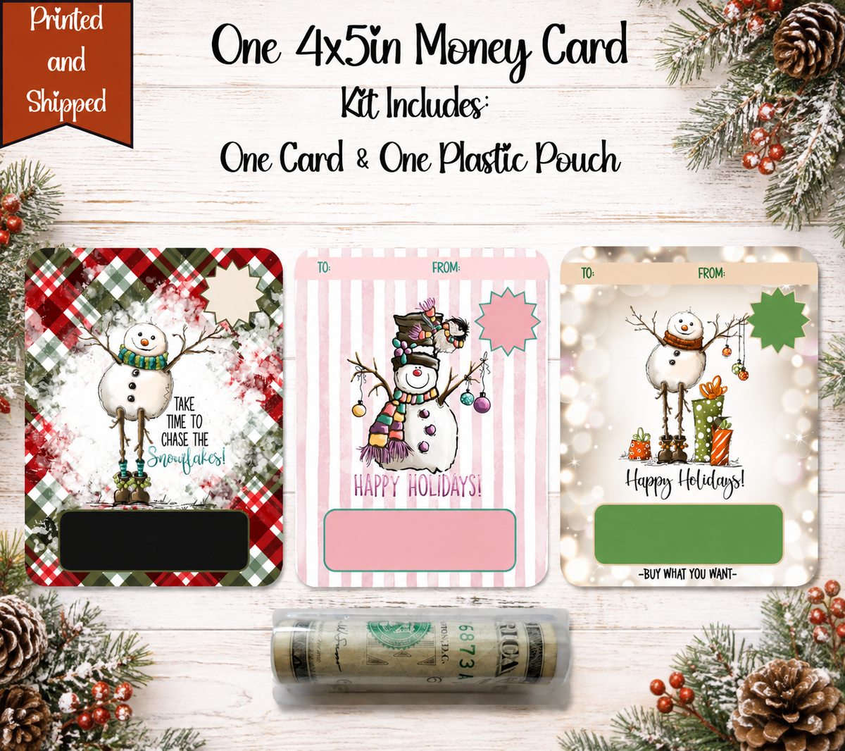 Christmas Snowman Money Card Holder, 4x5 Cash Gift Card with Plastic Pouch, Holiday Stocking Stuffer
