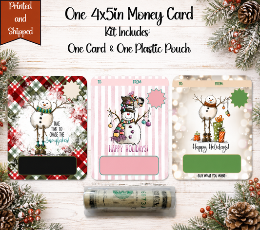 Christmas Snowman Money Card Holder, 4x5 Cash Gift Card with Plastic Pouch, Holiday Stocking Stuffer