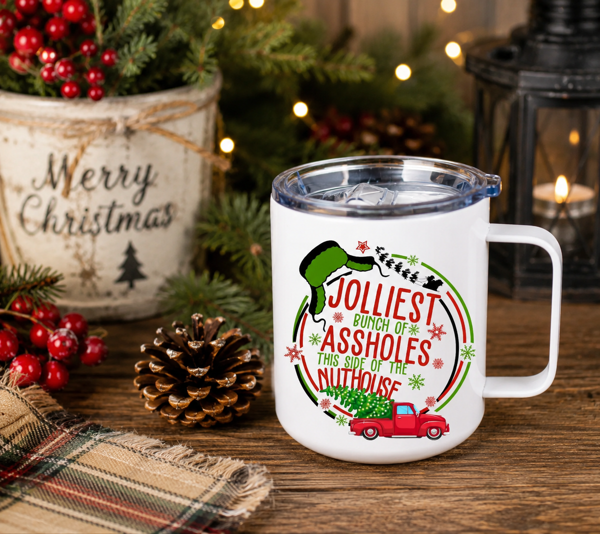 Funny Christmas Camper Mug – “Jolliest Bunch of Assholes” 12oz Insulated Holiday Mug