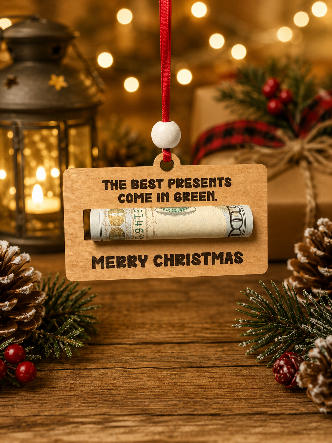 Christmas Money Holder Ornament, The Best Presents Come in Green, Wooden Cash Gift Holder, Christmas Stocking Stuffer