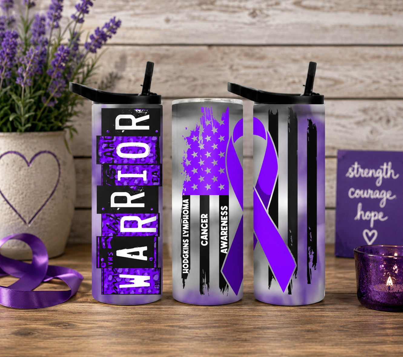 Hodgkin’s Lymphoma Awareness 20oz Tumbler, Purple Cancer Ribbon Cup, Lymphoma Warrior & Survivor Gift