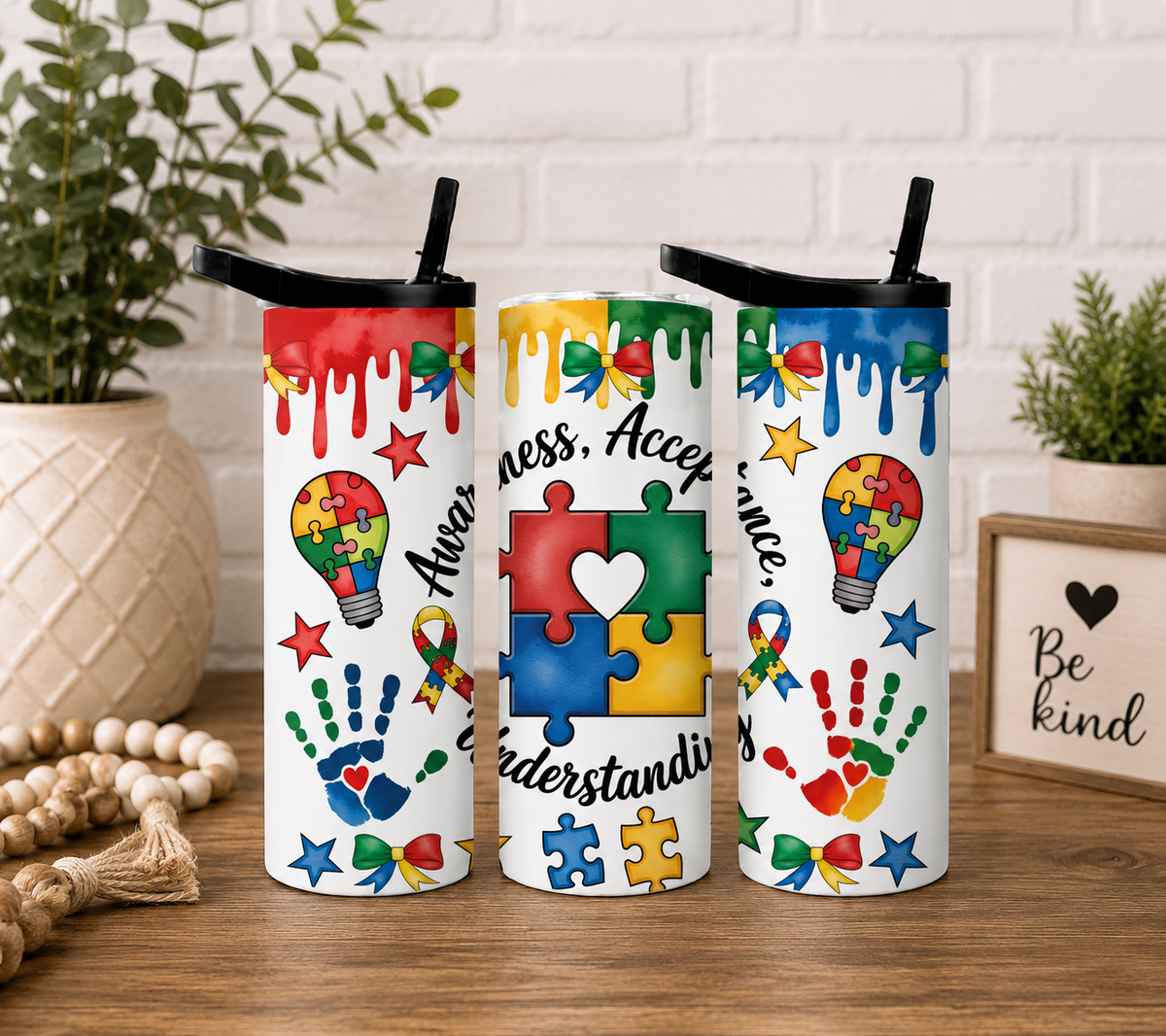 Autism Awareness 20oz Duo Lid Tumbler, Acceptance & Kindness Puzzle Design