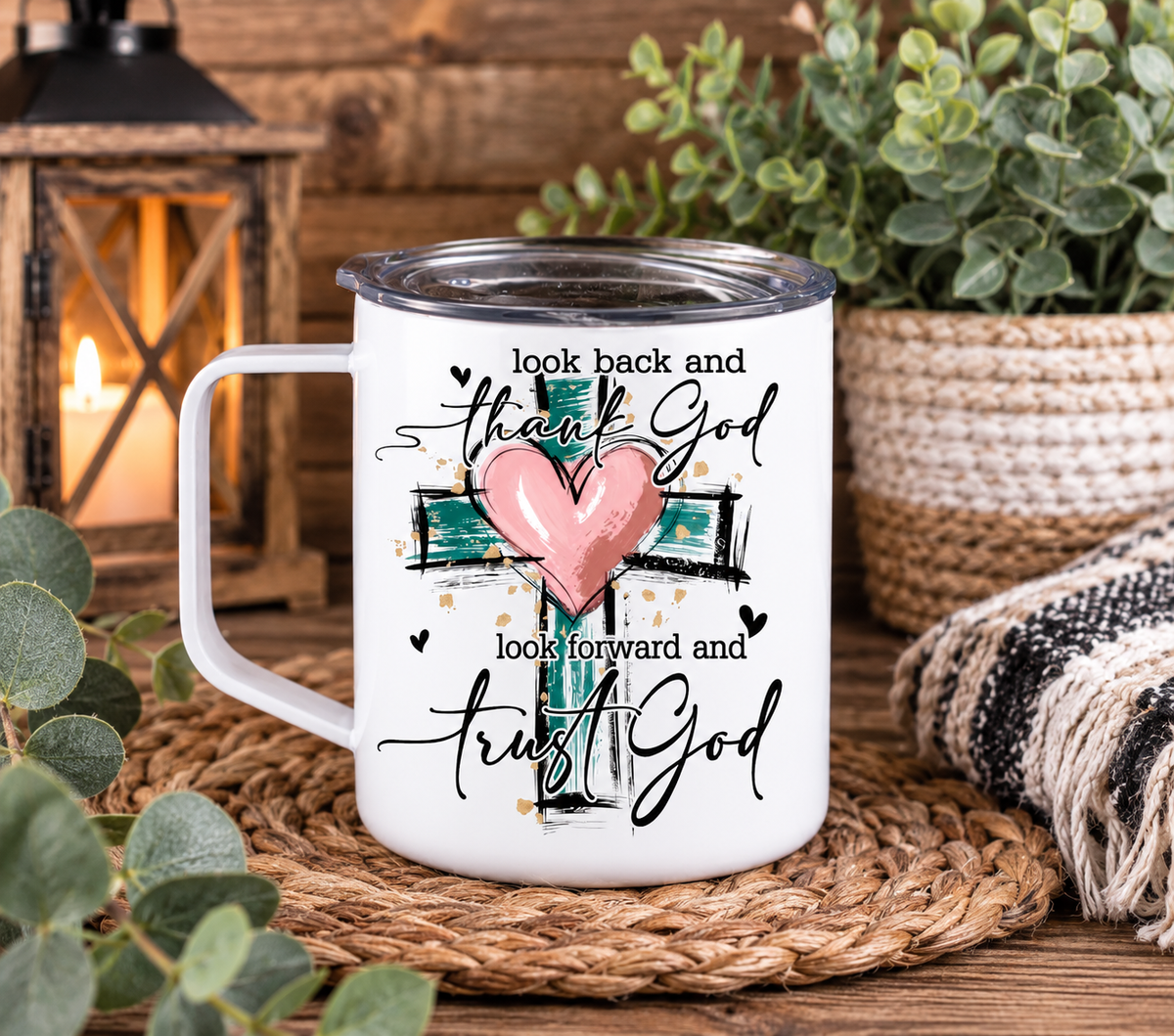 Look Back & Thank God, Look Forward & Trust God 12oz Camper Mug, Christian Faith Coffee Cup