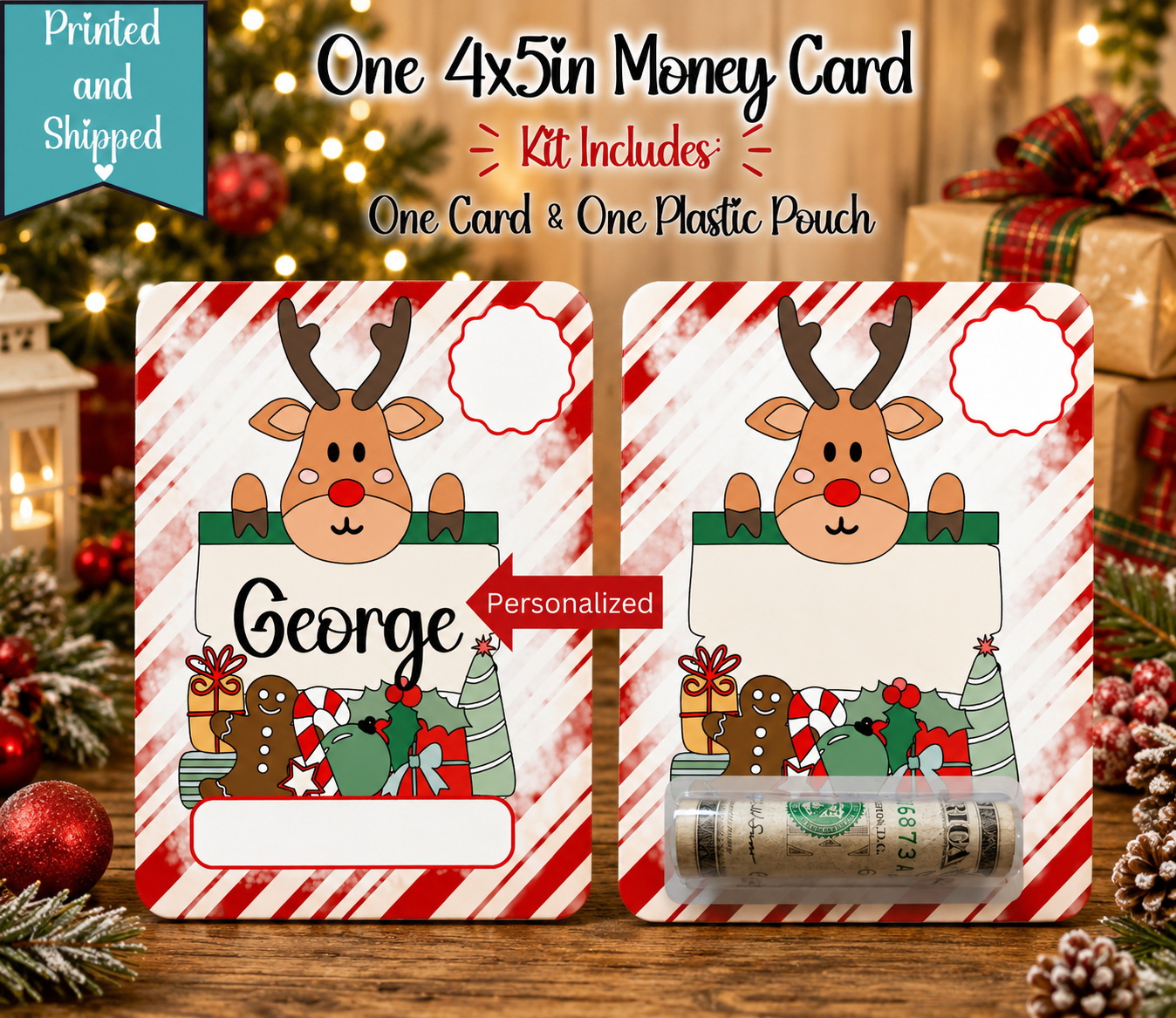 Personalized Reindeer Christmas Money Card | Christmas Cash Gift Holder