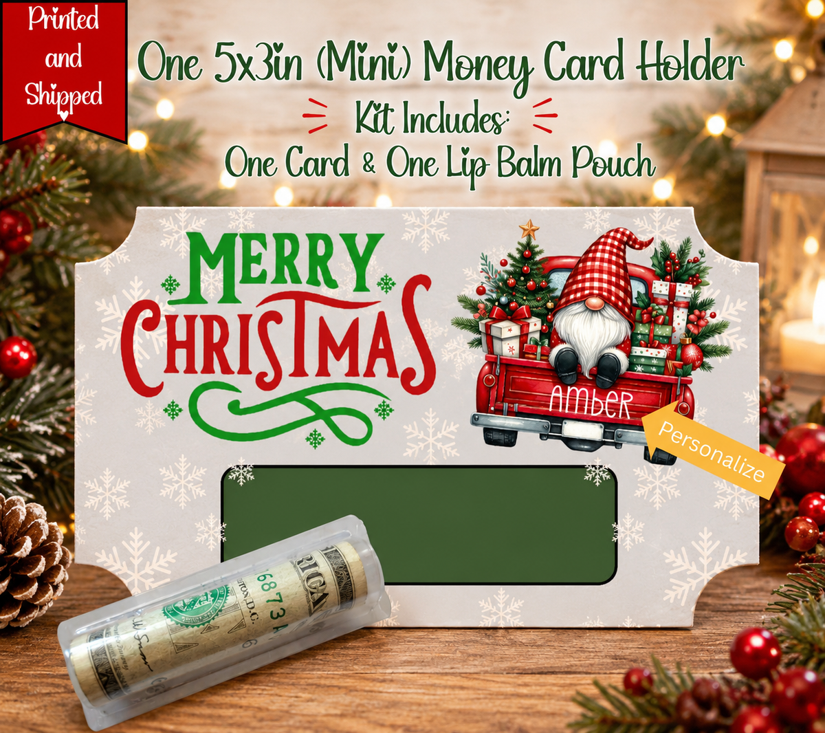 Personalized Christmas Mini Money Card Holder | Gnome Truck Cash Gift