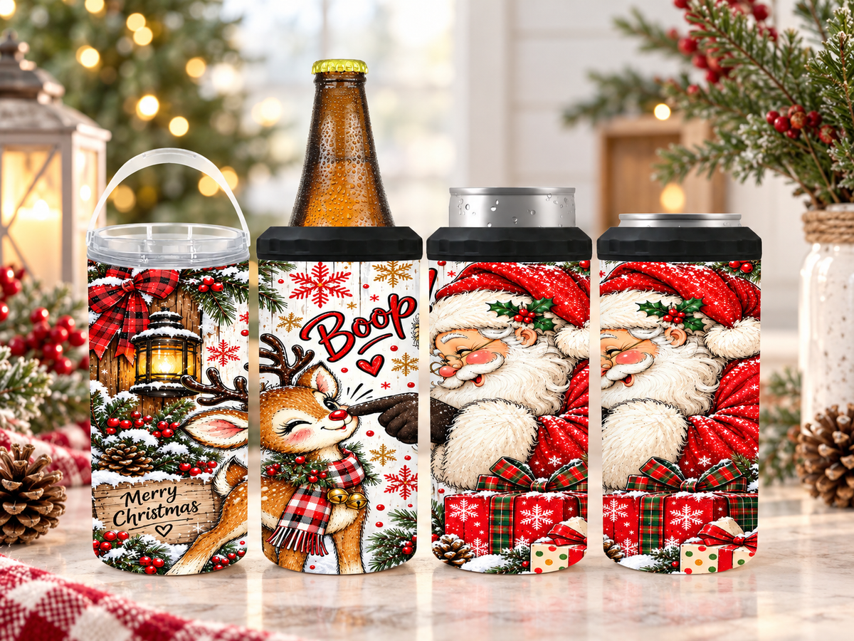 Christmas Santa & Reindeer Boop 4-in-1 Can Cooler | Festive Holiday Drink Holder
