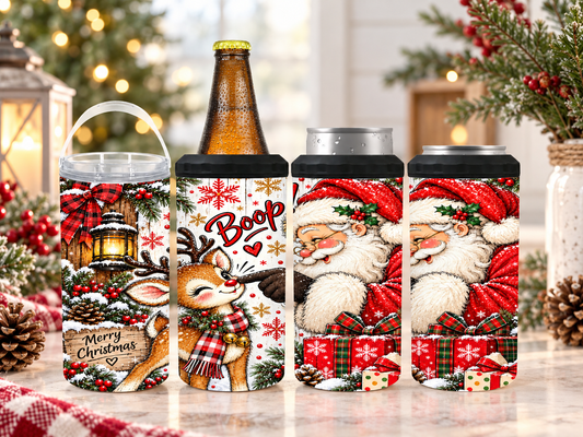 Christmas Santa & Reindeer Boop 4-in-1 Can Cooler | Festive Holiday Drink Holder