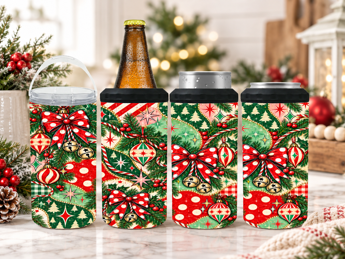 Retro Christmas 4-in-1 Can Cooler | Vintage Ornaments & Festive Holiday Drink Holder