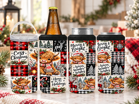 Highland Cow Christmas 4-in-1 Can Cooler | Buffalo Plaid Farmhouse Holiday Drink Holder