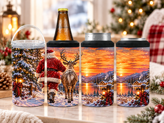 Santa & Reindeer Christmas 4-in-1 Can Cooler | Winter Mountain Sunset Holiday Drink Holder