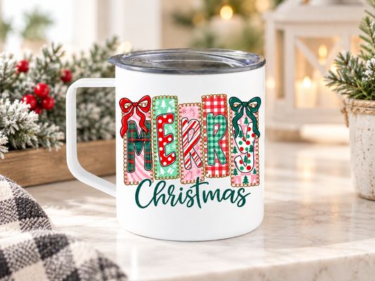 Merry Christmas 12 oz Camper Mug | Retro Patchwork Holiday Coffee Cup with Festive Bows