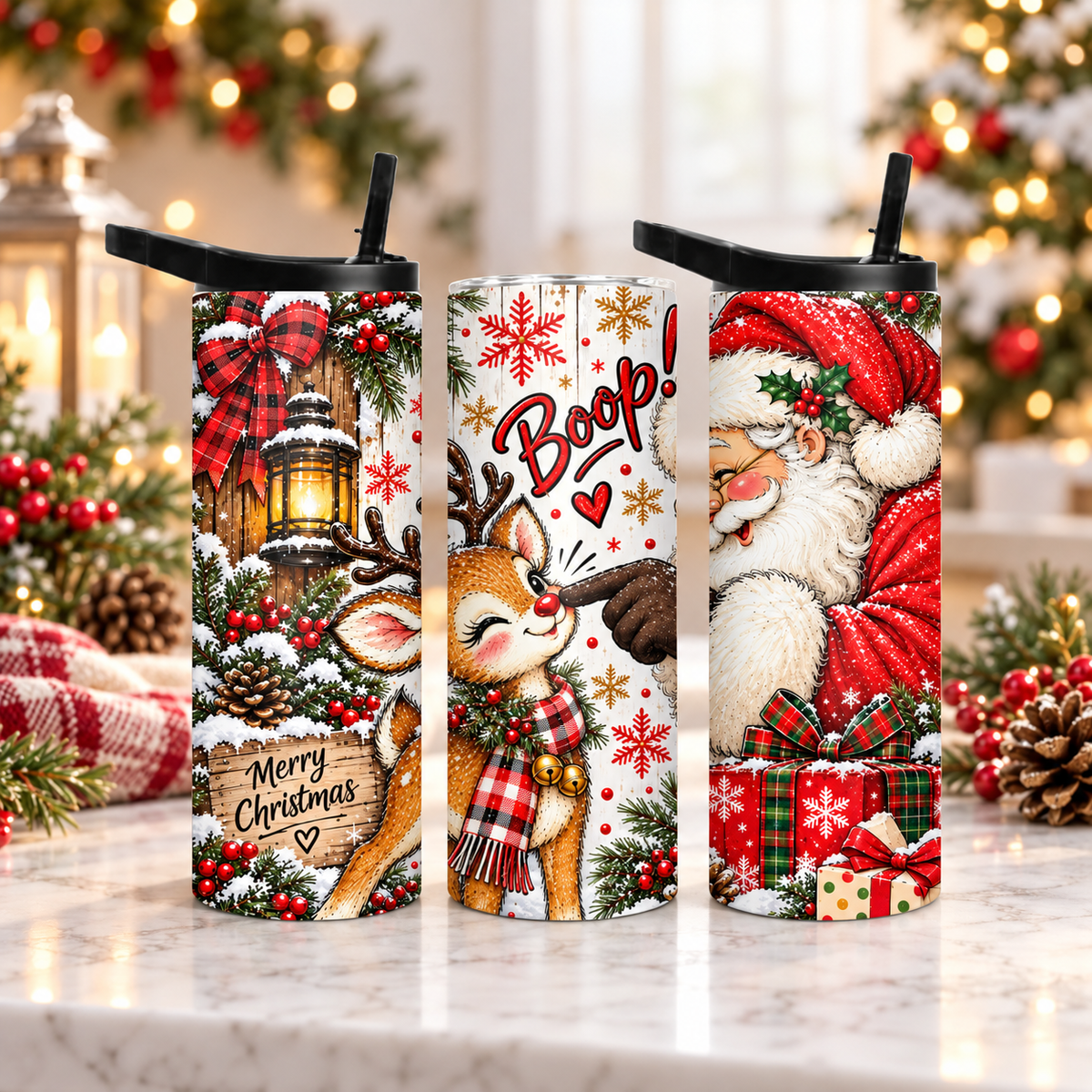 Christmas Reindeer Boop 20 oz Duo Lid Tumbler | Cute Santa Holiday Stainless Steel Cup