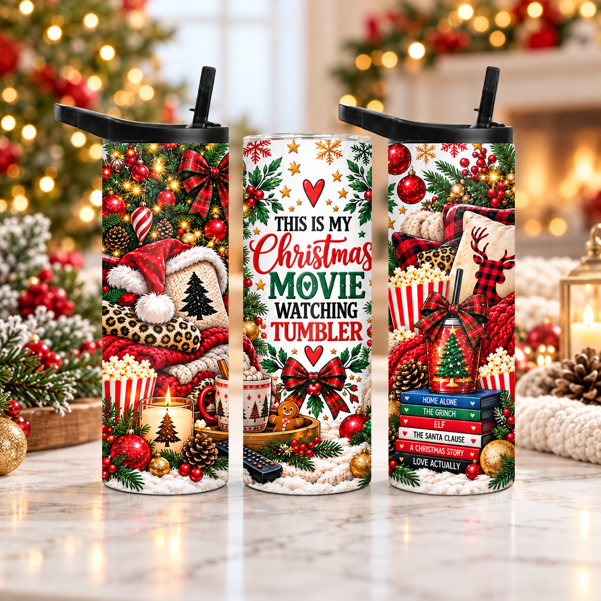 Christmas Movie Watching 20 oz Duo Lid Tumbler | Cozy Holiday Film Night Stainless Steel Cup