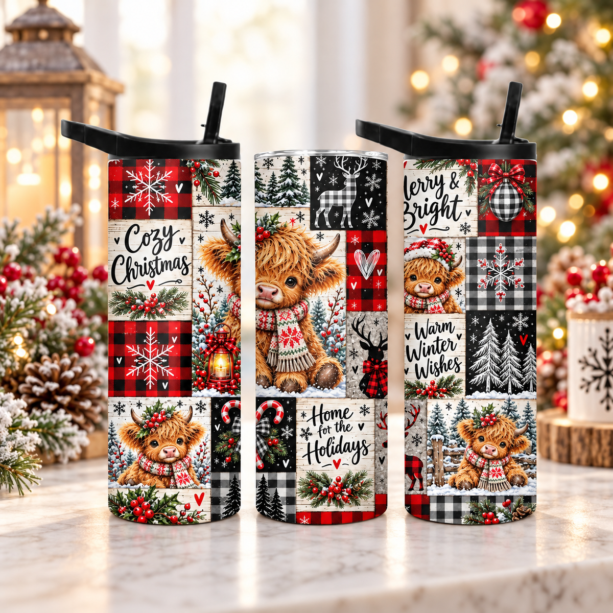 Highland Cow Christmas 20 oz Duo Lid Tumbler | Buffalo Plaid Farmhouse Holiday Cup