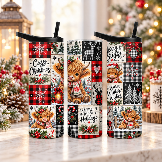 Highland Cow Christmas 20 oz Duo Lid Tumbler | Buffalo Plaid Farmhouse Holiday Cup