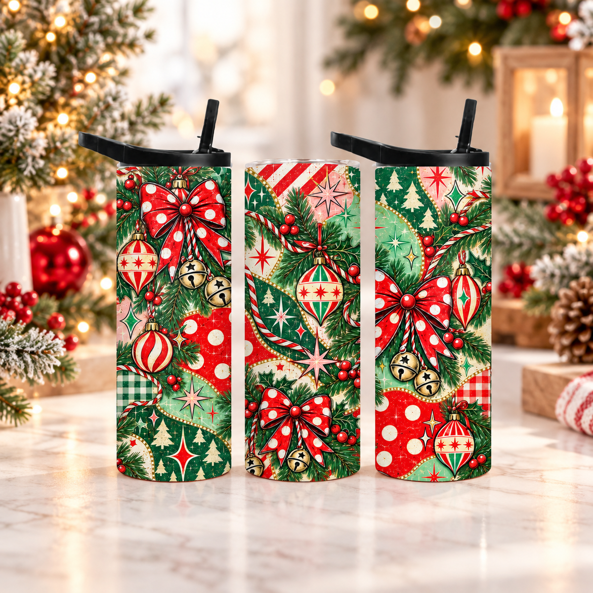 Retro Christmas 20 oz Duo Lid Tumbler | Vintage Ornaments & Festive Holiday Bows