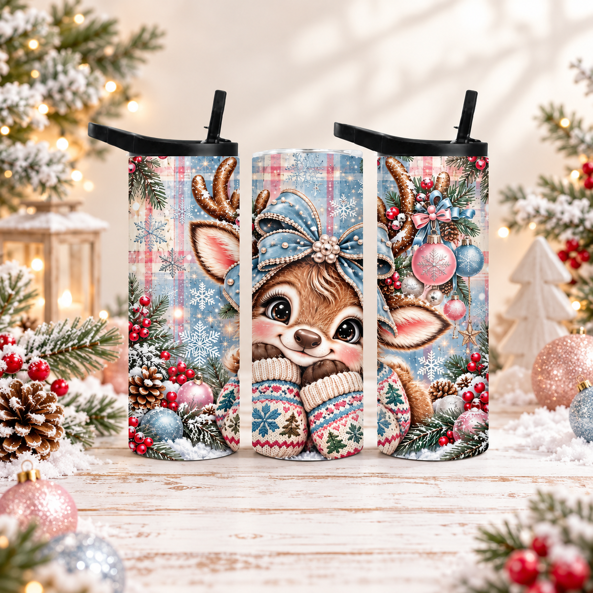 Christmas Reindeer 20oz Duo Lid Tumbler | Cute Winter Deer Holiday Cup