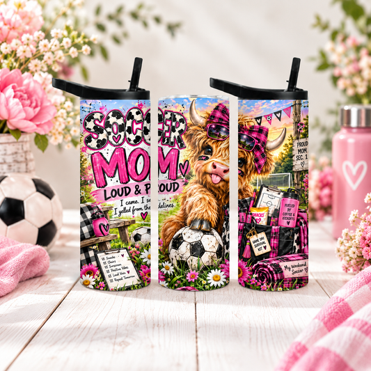 Soccer Mom 20oz Duo Lid Tumbler | Pink Highland Cow Game Day Cup