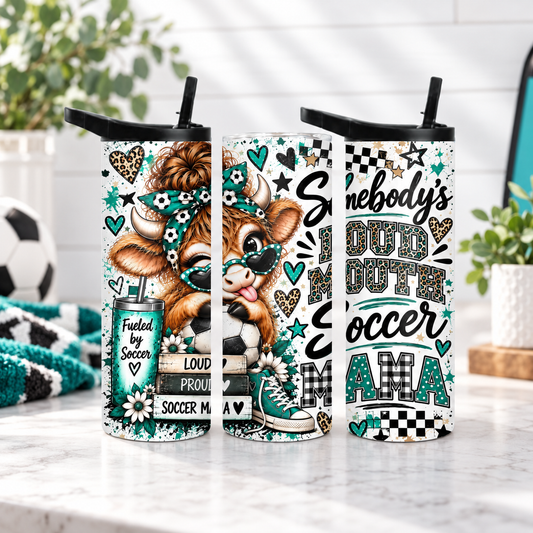 Soccer Mama 20oz Duo Lid Tumbler | Highland Cow Teal Leopard Game Day Cup