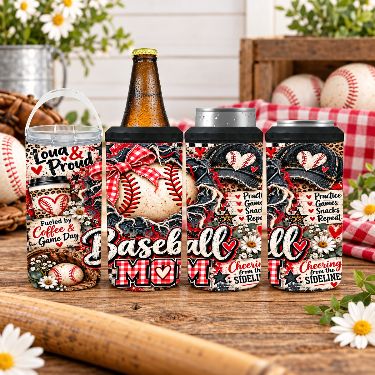 Baseball Mom 4-in-1 Can Cooler | Leopard Print Red Gingham Game Day Gift