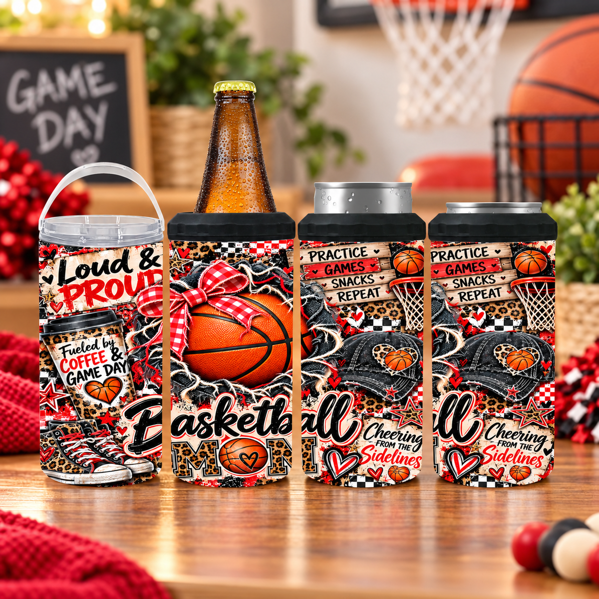 Basketball Mom 4-in-1 Can Cooler | Leopard Print Red Gingham Game Day Gift