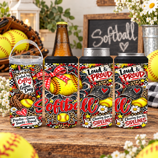Softball Mom 4-in-1 Can Cooler | Leopard Print Red Gingham Game Day Gift