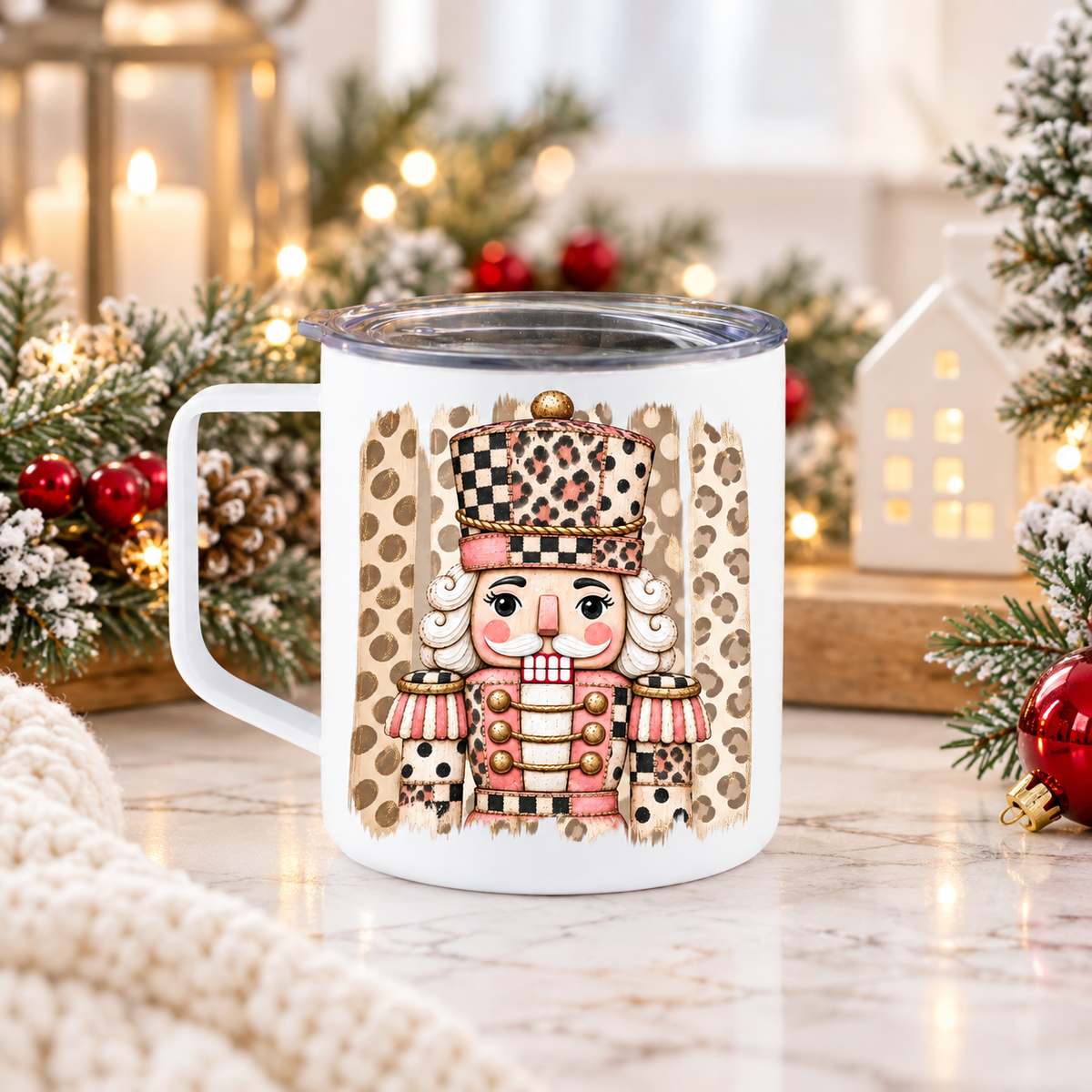 Pink Leopard Nutcracker 12oz Camper Mug | Christmas Coffee Cup
