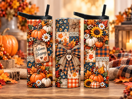Autumn Blessings 20oz Duo Lid Tumbler | Pumpkin Sunflower Fall Design