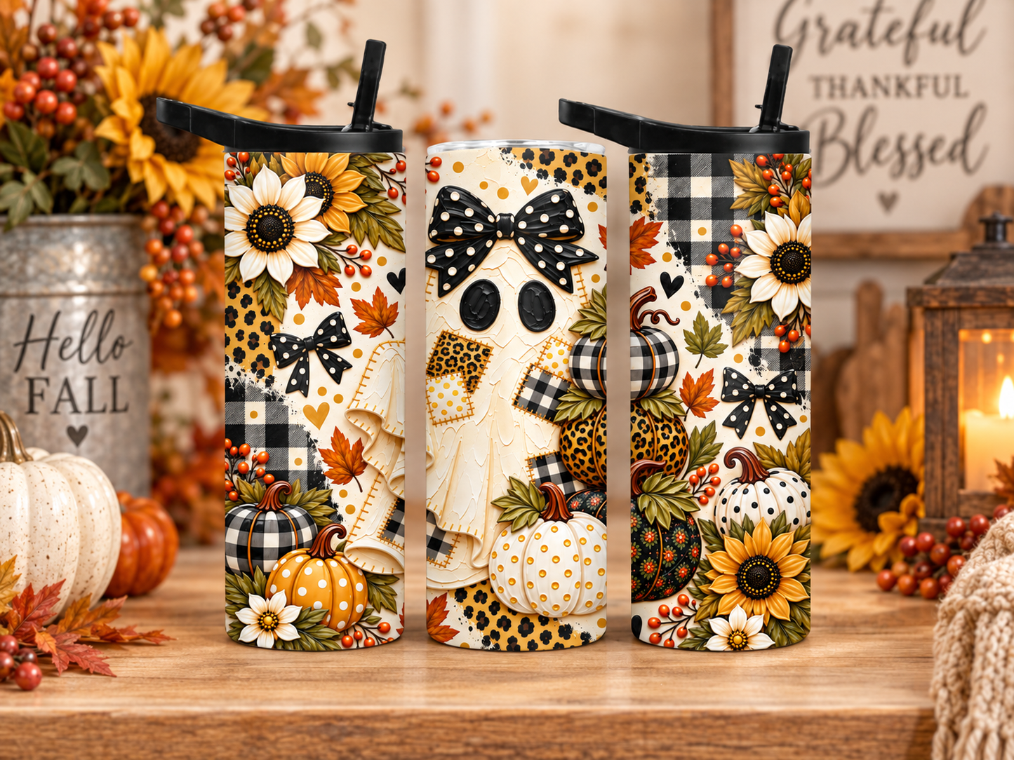 Fall Ghost 20oz Duo Lid Tumbler | Sunflower Pumpkin Autumn Cup